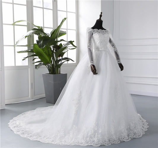 Spring Lace Appliques Wedding Dresses Long Sleeve White V-Neck Princess Bride Wedding Gowns Plus Size The Clothing Company Sydney