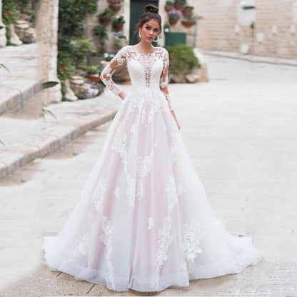 Boho A-line Wedding Dresses Pink Long Sleeves Lace Appliques Tull Bridal Dress Wedding Gown The Clothing Company Sydney