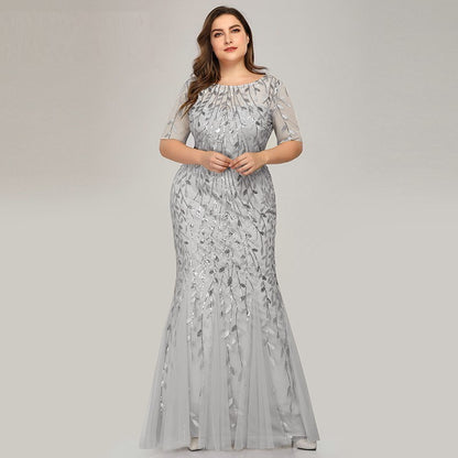 Plus Size Sequin Mesh Mermaid Slim Evening Beaded Leaves Pattern Formal Elegant Party Prom Gowns Short Sleeve Dress The Clothing Company Sydney