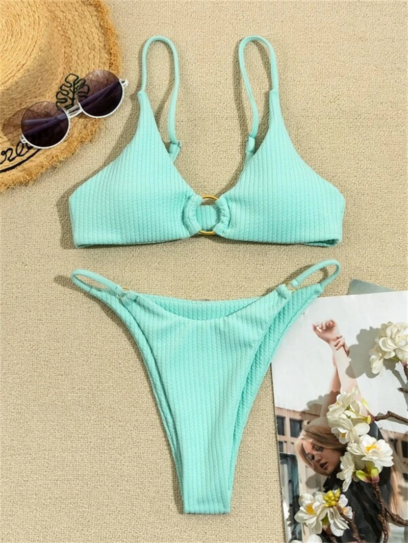 High Cut Rib Swimwear Solid Beachwear Bathing Suits Rings Bikini Sets Hollow Out Swimsuit The Clothing Company Sydney