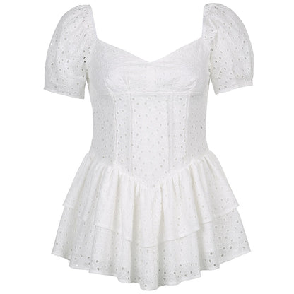 Hook Flower Mini Deep V Neck Vintage Puff Sleeve Short Summer Dress Boho Beach Sundress The Clothing Company Sydney