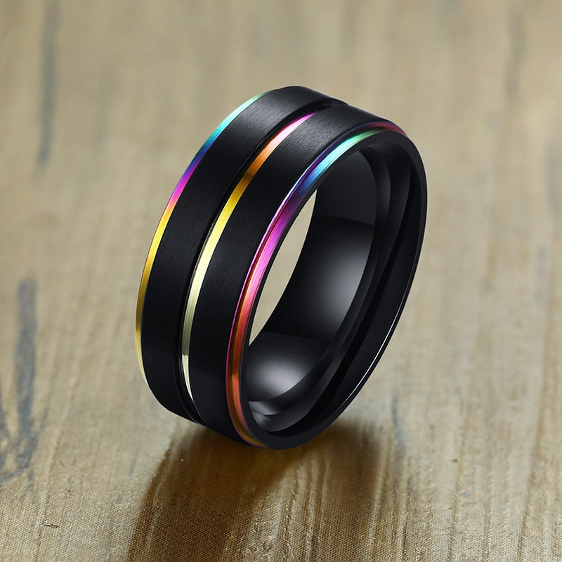6/8mm Black Ring for Men Women Groove Rainbow Stainless Steel Wedding Bands Trendy Fraternal Rings Casual  Jewelry The Clothing Company Sydney