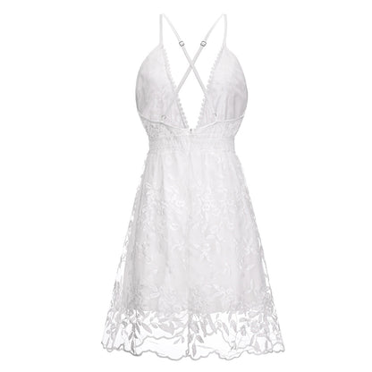 Summer Sundress White Floral Embroidery Mesh Lace Sexy Backless Beach Dress The Clothing Company Sydney