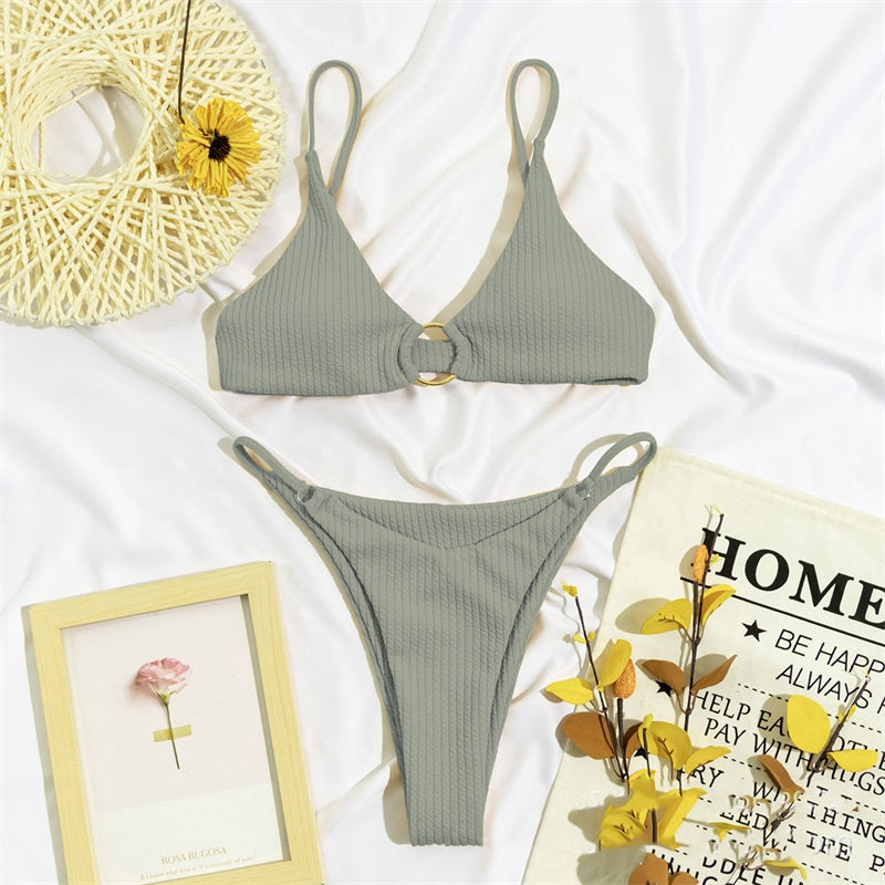 High Cut Rib Swimwear Solid Beachwear Bathing Suits Rings Bikini Sets Hollow Out Swimsuit The Clothing Company Sydney