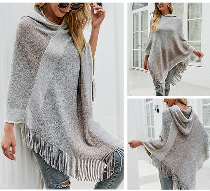 Autumn Winter Women Sweaters Poncho Knitting Capes Cloak Sweater V-Neck Irregular Hem Tassels Coat Color-block Knitted Pullover The Clothing Company Sydney
