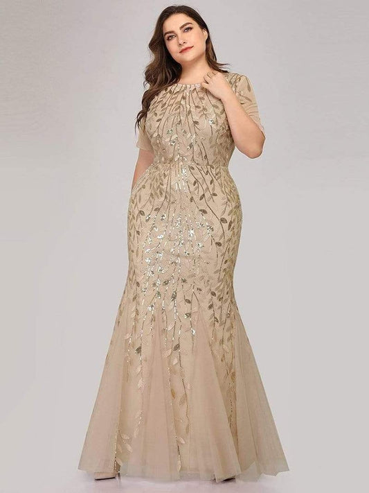 Plus Size Sequin Mesh Mermaid Slim Evening Beaded Leaves Pattern Formal Elegant Party Prom Gowns Short Sleeve Dress The Clothing Company Sydney