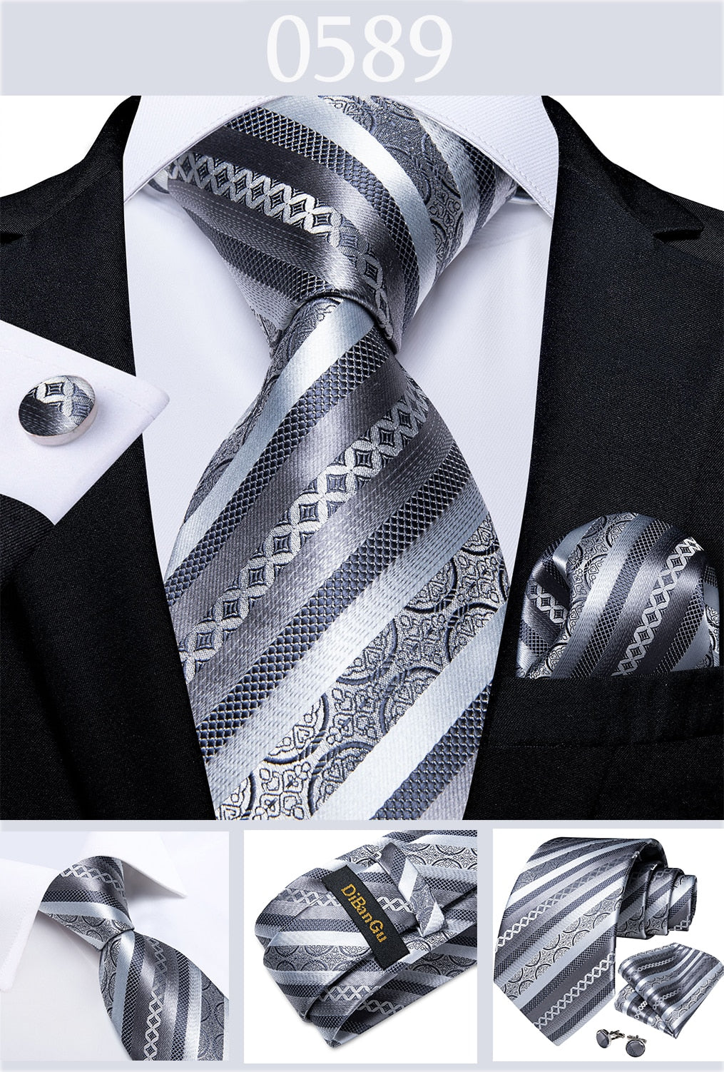 3 Piece Designer Men's Wedding Tie Gold Black Striped Silk Neck Ties For Men Hanky Cufflinks Set Business Party Wear The Clothing Company Sydney