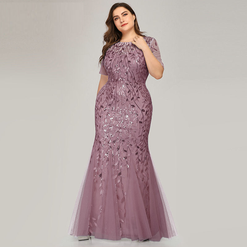 Plus Size Sequin Mesh Mermaid Slim Evening Beaded Leaves Pattern Formal Elegant Party Prom Gowns Short Sleeve Dress The Clothing Company Sydney