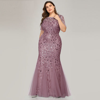 Plus Size Sequin Mesh Mermaid Slim Evening Beaded Leaves Pattern Formal Elegant Party Prom Gowns Short Sleeve Dress The Clothing Company Sydney