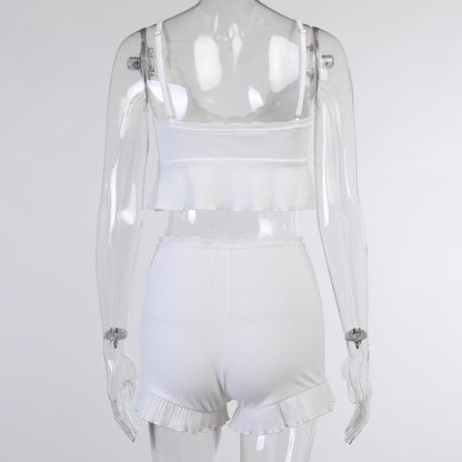 Summer Lace Suits Fashion Solid Tracksuit V-neck Costume Two Pieces (Tops+Shorts) Outwear Sets The Clothing Company Sydney