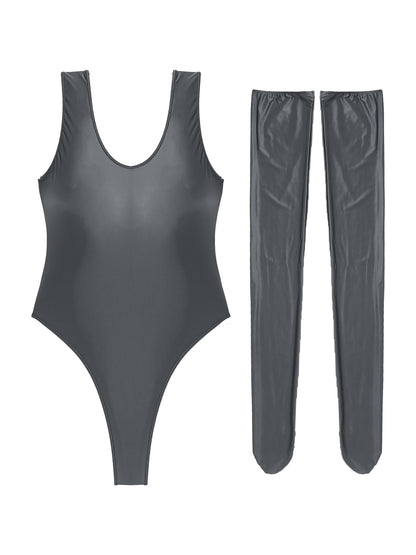 Women's Glossy Stretchy Swimming Suit Swimwear Swimsuit Sleeveless High Cut Slim Fit Bodysuit with Stocking Outfits Clubwear The Clothing Company Sydney