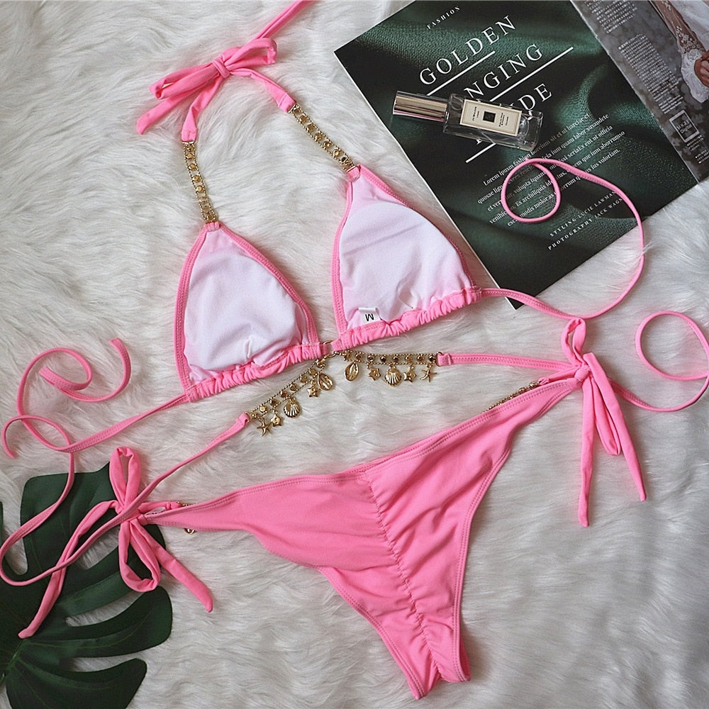 2 Piece Crystal Diamond Bikini Swimwear Swimsuit Chain Bandage Bikini Set Push Up Bathing Suits Summer Beach Wear The Clothing Company Sydney