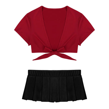 Adult's Cosplay Students Uniform Schoolgirl Costume Outfit Short Sleeve Night Clubwear Deep V Crop Top Pleated Mini Skirt The Clothing Company Sydney