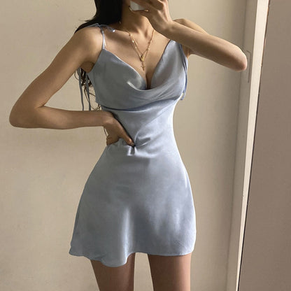 Strappy Solid Satin Backless Sleeveless Casual Dress Mini Sundress Summer Dresses The Clothing Company Sydney
