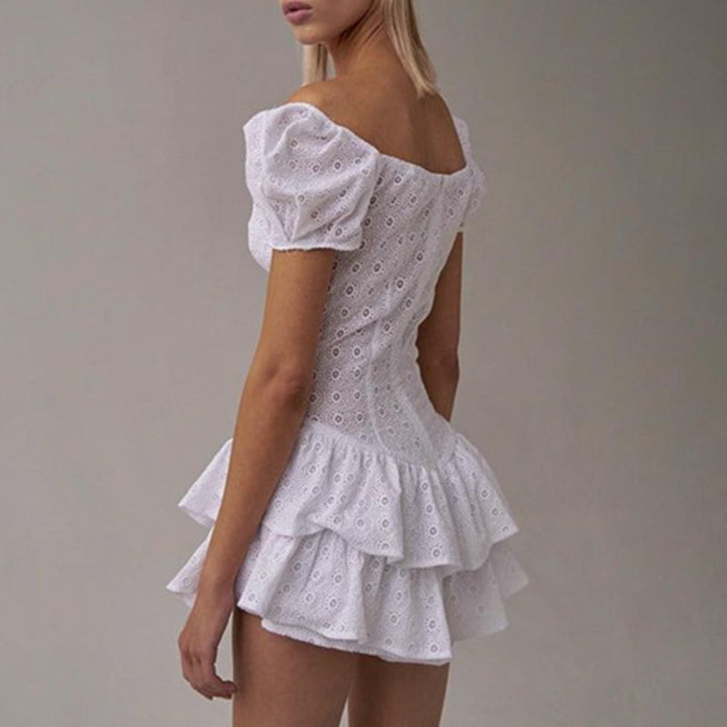 Hook Flower Mini Deep V Neck Vintage Puff Sleeve Short Summer Dress Boho Beach Sundress The Clothing Company Sydney