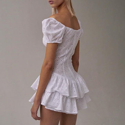 Hook Flower Mini Deep V Neck Vintage Puff Sleeve Short Summer Dress Boho Beach Sundress The Clothing Company Sydney