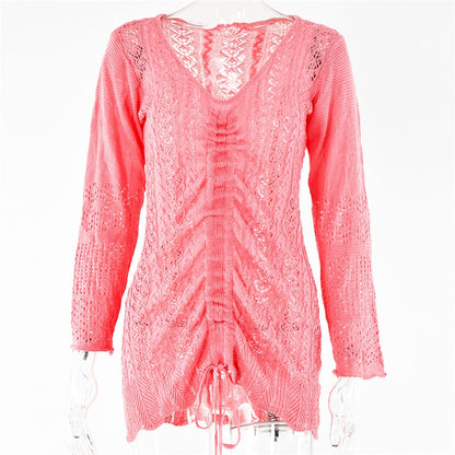 Knitted Hook Flower Hollow Out Drawstring Women Dress Blue Long Sleeve V-neck Dress Spring Slim Fashion Streetwear The Clothing Company Sydney