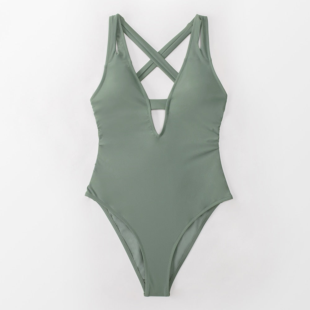 Solid Dark Blue Cross Deep V-neck One-piece Swimsuit Backless Monokini X-back Bathing Suit Swimwear The Clothing Company Sydney