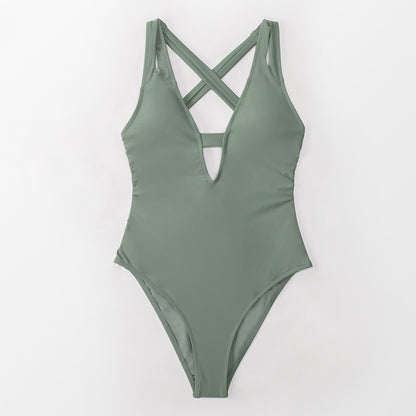 Solid Dark Blue Cross Deep V-neck One-piece Swimsuit Backless Monokini X-back Bathing Suit Swimwear The Clothing Company Sydney