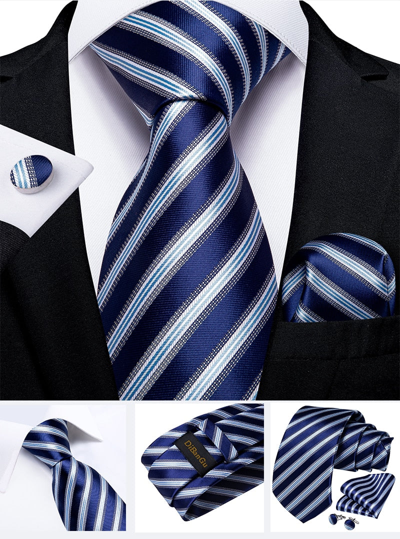 Classic 100% Silk Men's Ties 8cm Blue Plaid Dot Striped Business Necktie Handkerchief Wedding Party Tie Set The Clothing Company Sydney