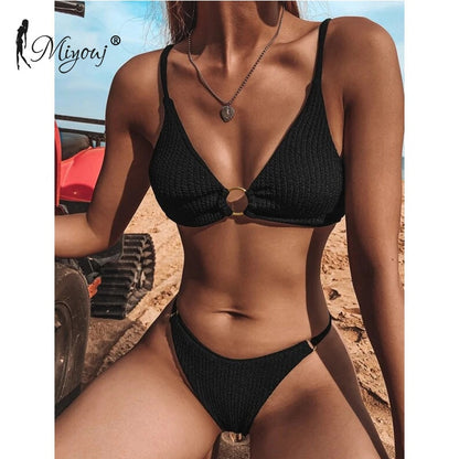 High Cut Rib Swimwear Solid Beachwear Bathing Suits Rings Bikini Sets Hollow Out Swimsuit The Clothing Company Sydney