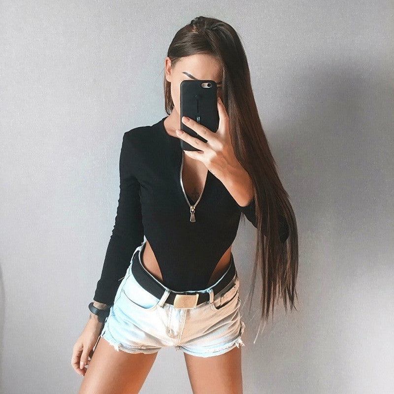 Spring Summer Jumpsuits Fashion Solid Zipper Long Sleeve Sheath Skinny Rompers Bodysuits The Clothing Company Sydney