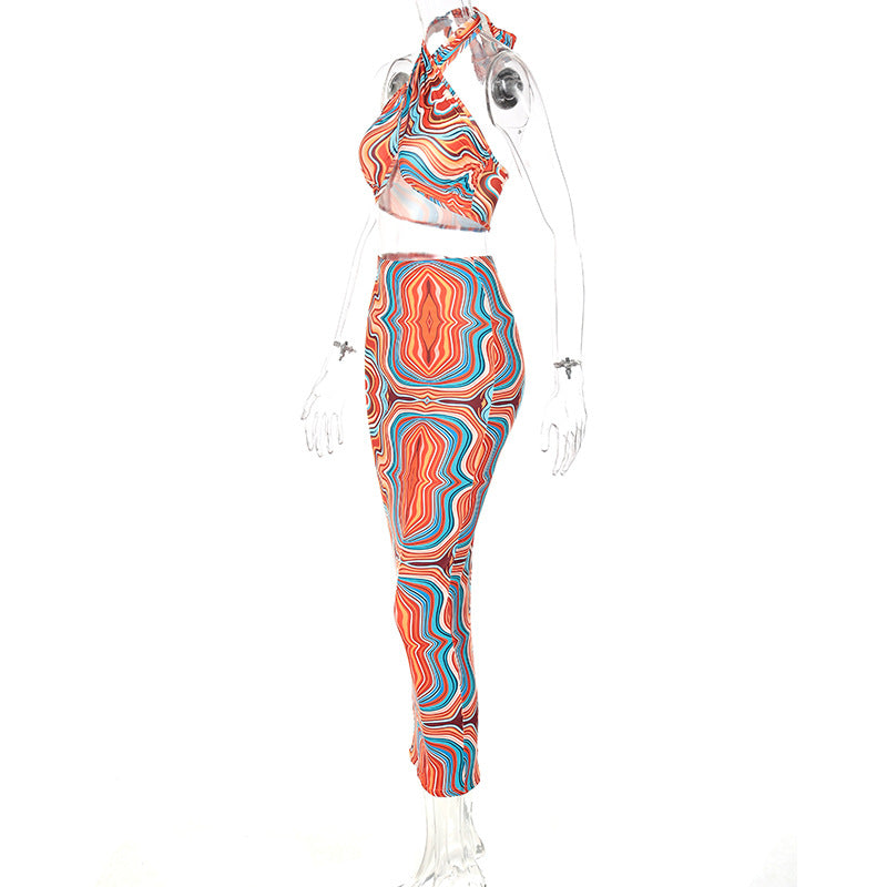 2 Piece Print Halter Cut Out Crop Top Dress Sets Fashion Outfit Summer Top and Skirts Matching Set Club Party Dress The Clothing Company Sydney