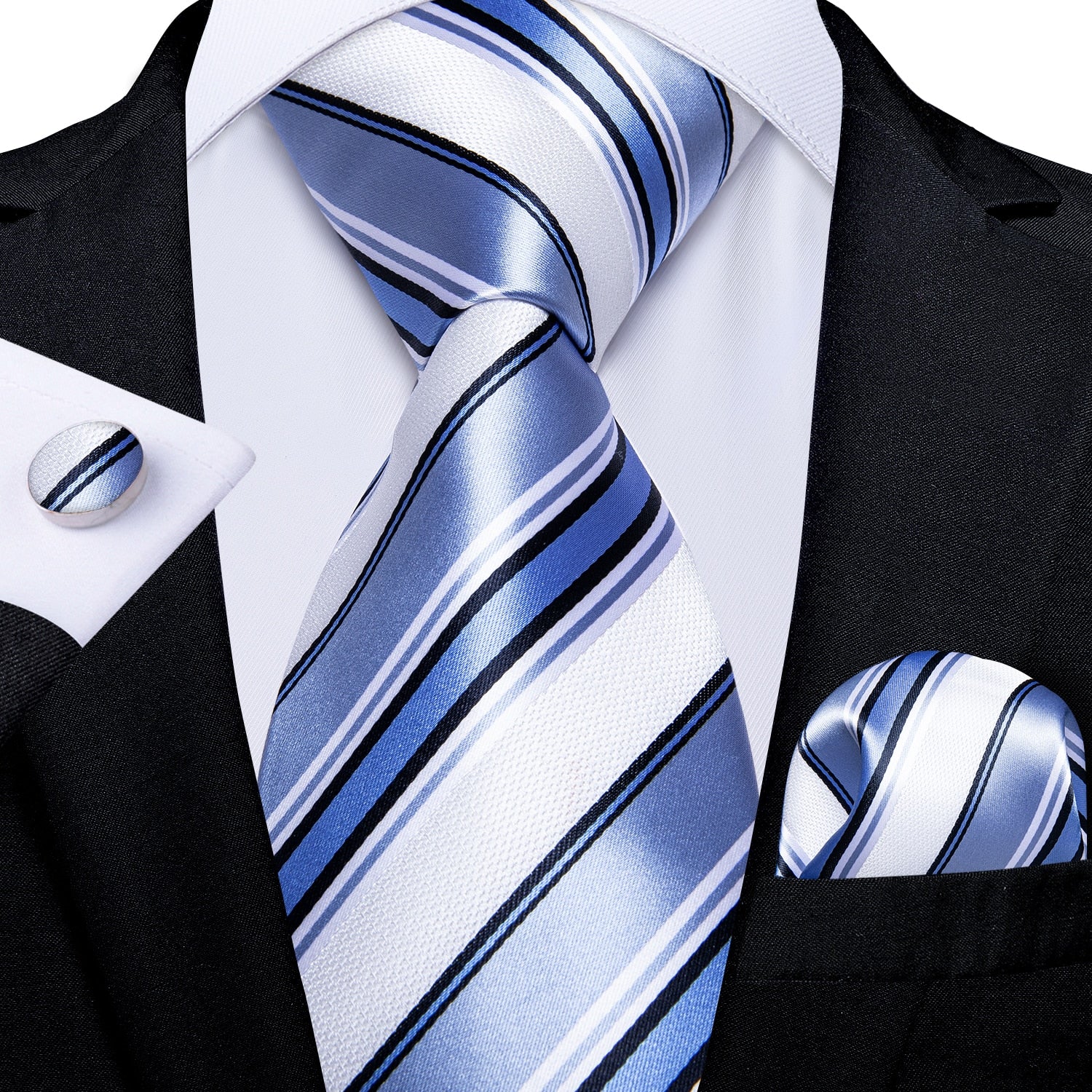 3 Piece Designer Men's Wedding Tie Gold Black Striped Silk Neck Ties For Men Hanky Cufflinks Set Business Party Wear The Clothing Company Sydney