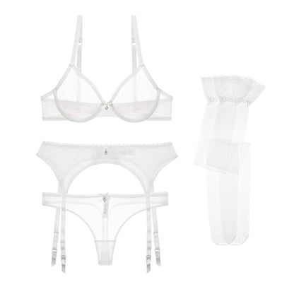 Ultra-thin transparent yarn lingerie set bras+garters+thongs+stockings 4 piece set The Clothing Company Sydney