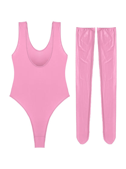 Women's Glossy Stretchy Swimming Suit Swimwear Swimsuit Sleeveless High Cut Slim Fit Bodysuit with Stocking Outfits Clubwear The Clothing Company Sydney