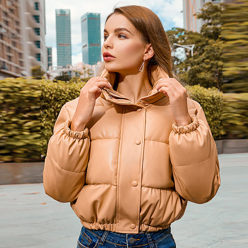 Winter Warm Thick PU Leather Coats Women's Short Parkas Fashion Black Cotton Padded Down Jacket With Elegant Zipper The Clothing Company Sydney