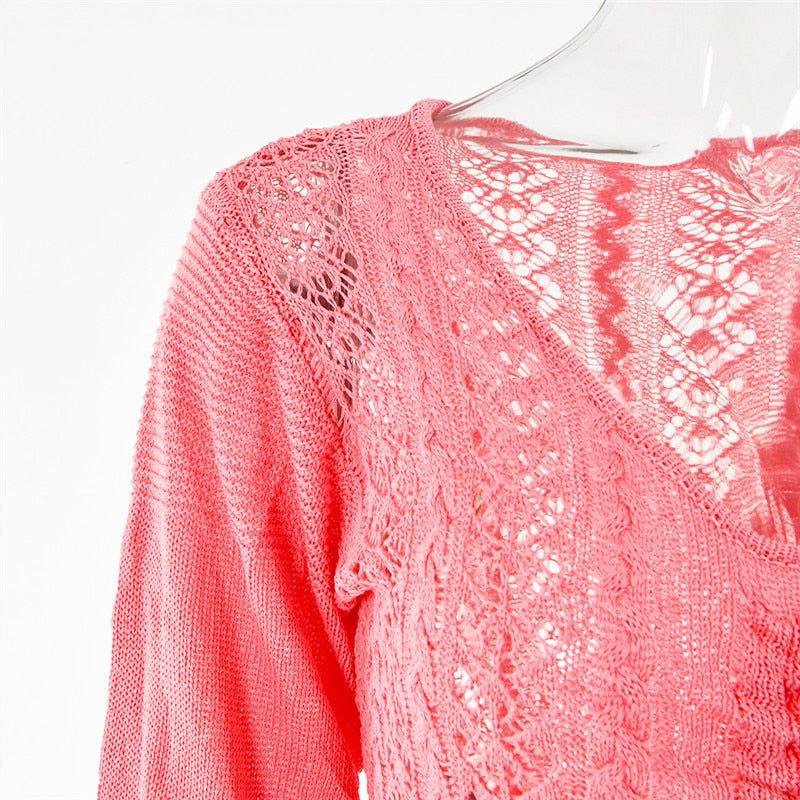 Knitted Hook Flower Hollow Out Drawstring Women Dress Blue Long Sleeve V-neck Dress Spring Slim Fashion Streetwear The Clothing Company Sydney