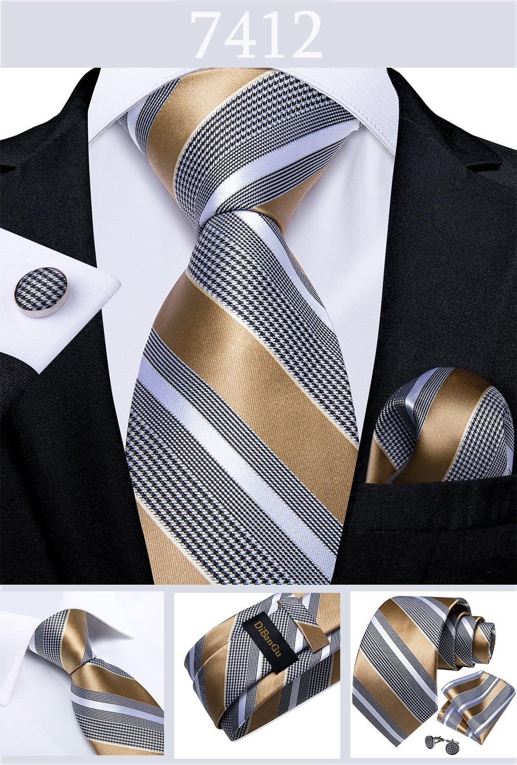 3 Piece Designer Men's Wedding Tie Gold Black Striped Silk Neck Ties For Men Hanky Cufflinks Set Business Party Wear The Clothing Company Sydney