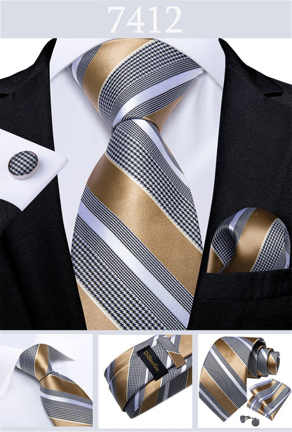 3 Piece Designer Men's Wedding Tie Gold Black Striped Silk Neck Ties For Men Hanky Cufflinks Set Business Party Wear The Clothing Company Sydney