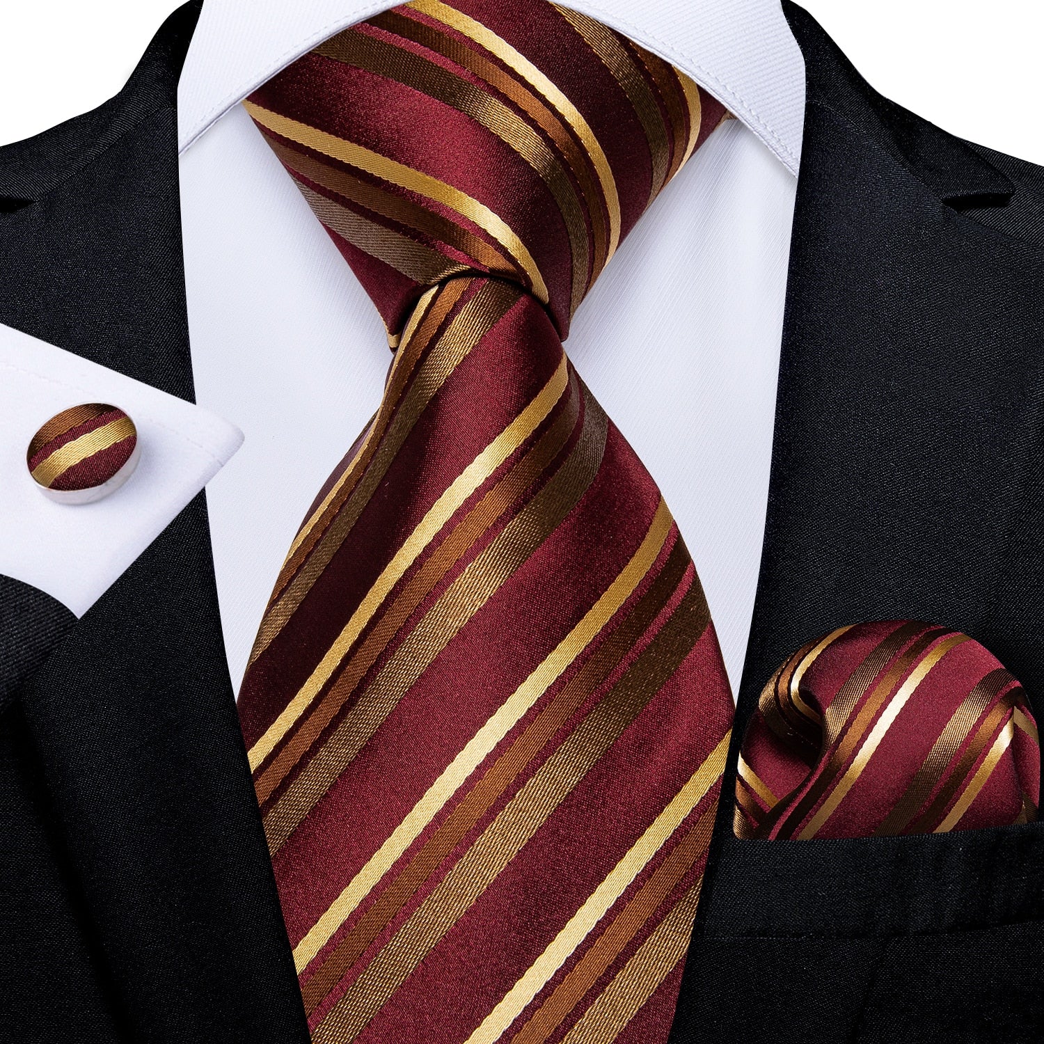3 Piece Designer Men's Wedding Tie Gold Black Striped Silk Neck Ties For Men Hanky Cufflinks Set Business Party Wear The Clothing Company Sydney