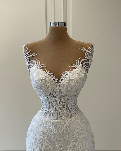 Luxury 3D Lace Mermaid Wedding Dress Romantic Beads Tulle Neck Wedding Bridal Gowns The Clothing Company Sydney