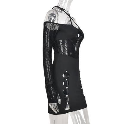 Halter Neck Off Shoulder Cut Out Bodycon Mini Dress Women Long Sleeve Backless Flocking Goth Black Dresses The Clothing Company Sydney