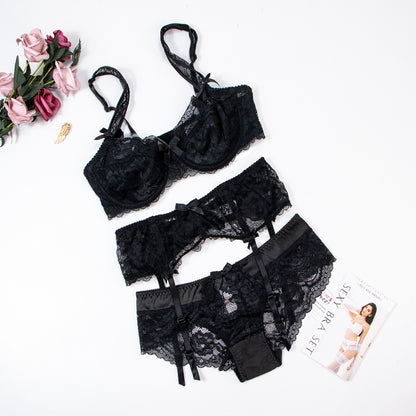 Ultra-Thin Gathered Plus Size Bowknot Floral Underwear Lace Strap Bra + Panties + Garte 3 Piece set The Clothing Company Sydney