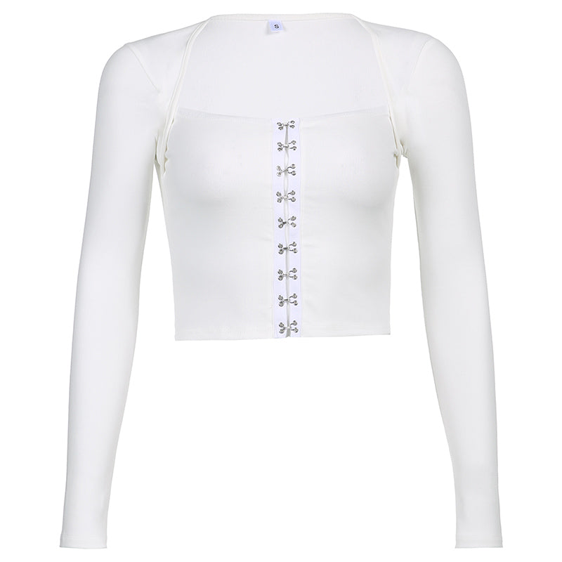 Streetwear Square Neck Hook Cotton Aututmn T-shirts Bodycon Gothic White Crop Tops Tees Long Sleeve T shirt The Clothing Company Sydney