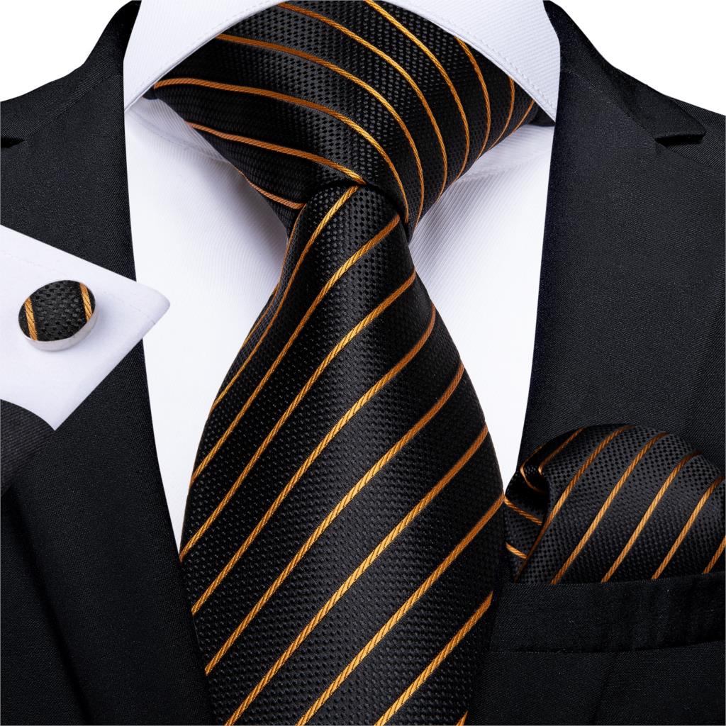 3 Piece Designer Men's Wedding Tie Gold Black Striped Silk Neck Ties For Men Hanky Cufflinks Set Business Party Wear The Clothing Company Sydney