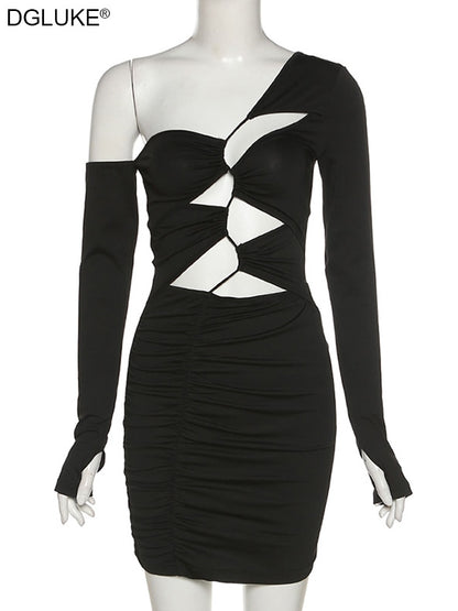 One Shoulder Bandage Bodycon Dress Long Sleeve Cut Out Mini Black Party Dresses Club Wear The Clothing Company Sydney