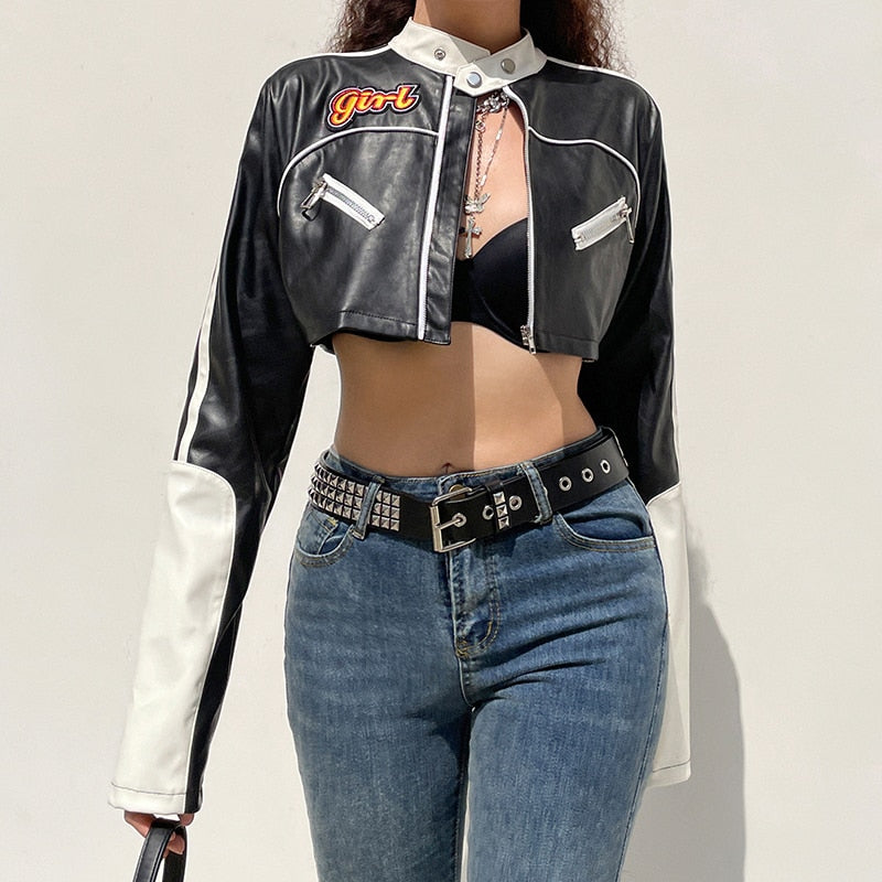 Streetwear Punk Style Patchwork Cropped PU Leather Jacket Women Zipper Autumn Winter Jacket Contrast Color Basic Coat The Clothing Company Sydney