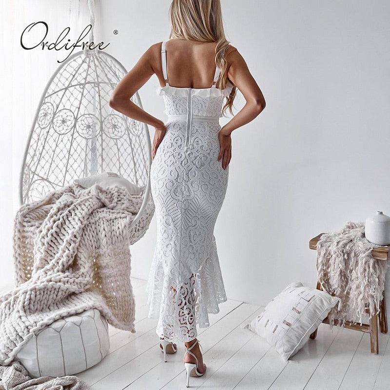 Summer White Lace Long Dress Spaghetti Strap Ruffle Sexy Bodycon Party Dress The Clothing Company Sydney
