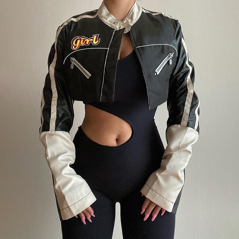 Streetwear Punk Style Patchwork Cropped PU Leather Jacket Women Zipper Autumn Winter Jacket Contrast Color Basic Coat The Clothing Company Sydney