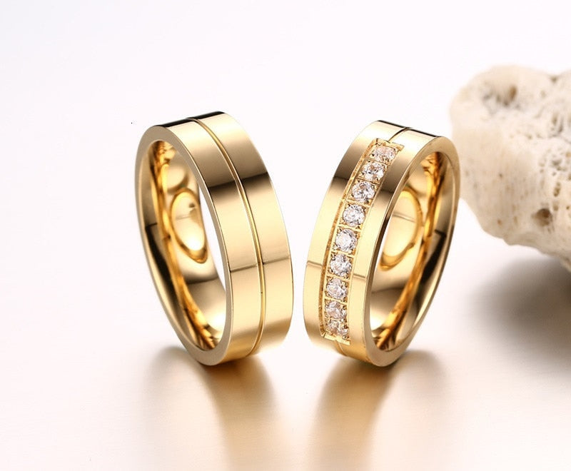 Trendy Wedding Bands Rings for Women Men Love Gift Gold-color Stainless Steel CZ Promise Couple Jewellery The Clothing Company Sydney
