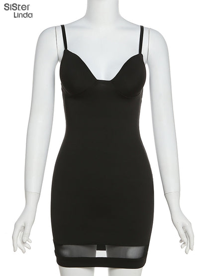 Casual Mesh Bodycon Mini Dress Women Romper  Sleeveless Skinny Stretchy Deep V Neck Party Clubwear Trend Outfit The Clothing Company Sydney