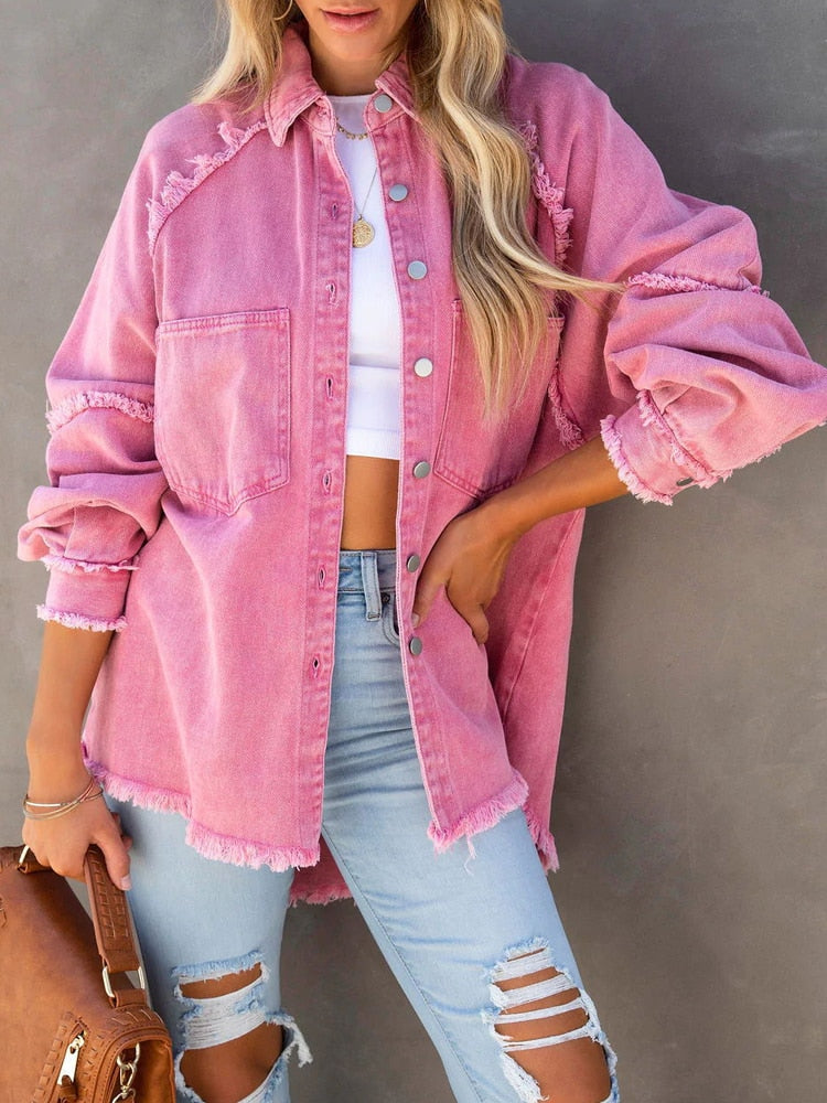 Loose Turn-down Collar Denim Jacket Coat Casual Denim Jacket Long Sleeve Tassel Solid washed Tops The Clothing Company Sydney