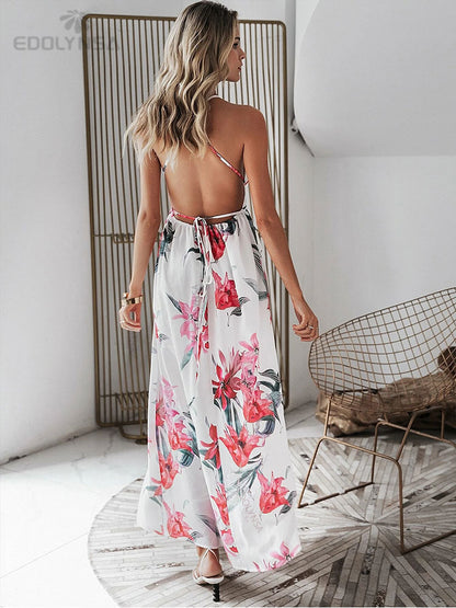 Elegant Ladies Print Spaghetti Strap Beach Holiday High Waist A-line Dress Casual Summer Split Dress The Clothing Company Sydney