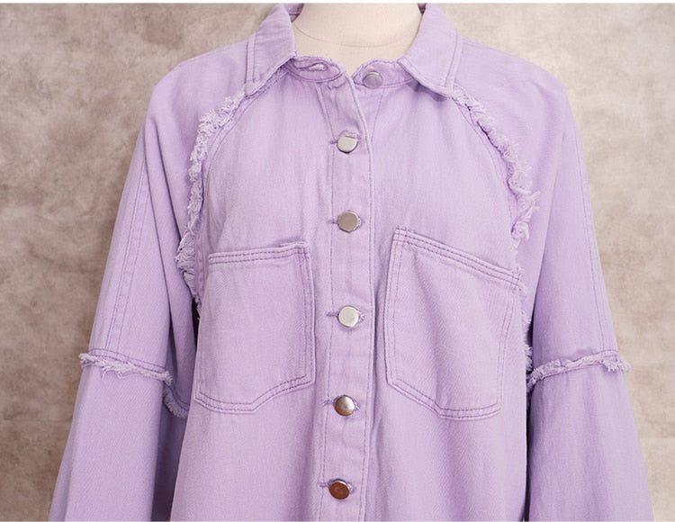 Loose Turn-down Collar Denim Jacket Coat Casual Denim Jacket Long Sleeve Tassel Solid washed Tops The Clothing Company Sydney