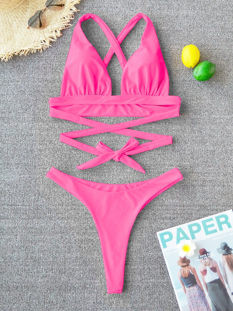 2 Piece Solid Swimsuit Swimwear Push Up Bikini Set Cross Bandage Bathing Suit Beach Wear Swimming Suit The Clothing Company Sydney